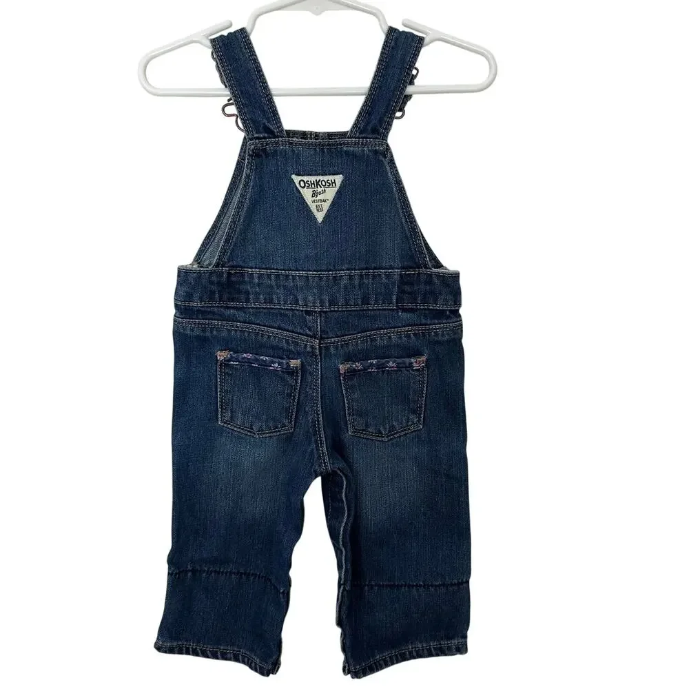 Oshkosh B'gosh Vestbak Overalls Floral Trim Baby Girl 6 Months Pockets Jean Blue